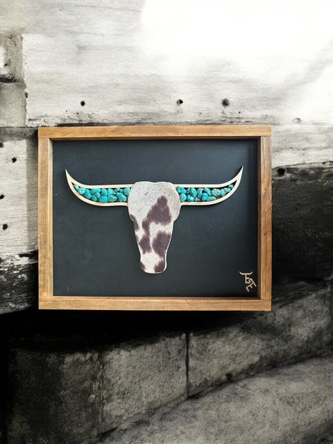 Turquoise Longhorn Wall Art | Cowhide Face & Rustic Frame