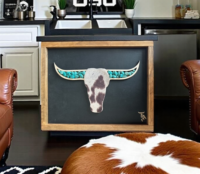 Turquoise Longhorn Wall Art | Cowhide Face & Rustic Frame